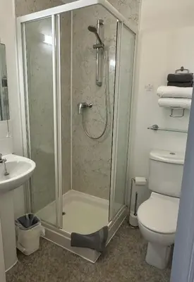 a bathroom with a shower with a toilet and a sink at Alder Lodge in Cambridge