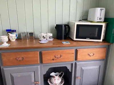 a microwave oven sitting on top of a cabinet at Bells Meadow Shepherds Hut in Kings Lynn