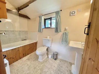 a bathroom with a toilet and a tub and a sink at Granary Cottage in Hardwick