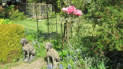 two statues of sheep in a garden with flowers at Beech View Cottage in Downham Market