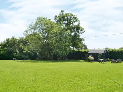 a large field with a tree and a shed at Hillcroft in Cold Norton