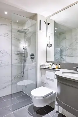 a bathroom with a toilet and a shower and a sink at Marquis Suffolk in Ipswich