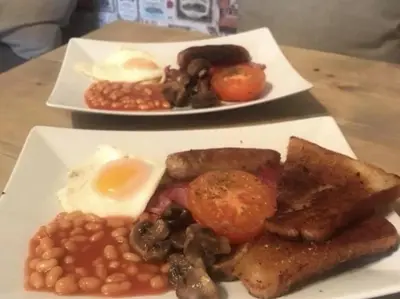 two plates of breakfast food on a table at Frasers in Battlesbridge