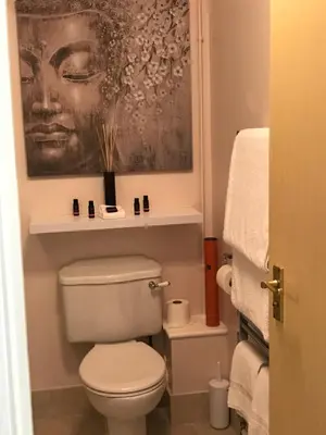 a bathroom with a toilet and a painting on the wall at The Old School House Rooms in Waterbeach