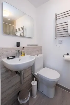 a bathroom with a toilet and a sink and a mirror at Ogilvie Lodge Apartment in Thorpeness