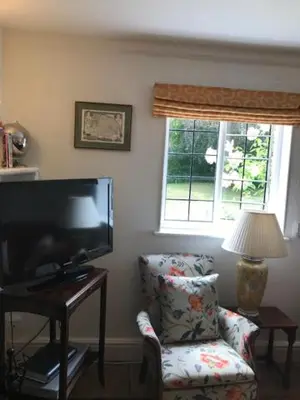 a living room with a chair and a flat screen tv at Old Rectory - Scoulton in Great Ellingham