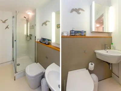 a bathroom with a toilet sink and a shower at Boat Lake in Thorpeness