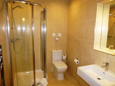 a bathroom with a toilet and a shower and a sink at The Riverside House Hotel in Mildenhall