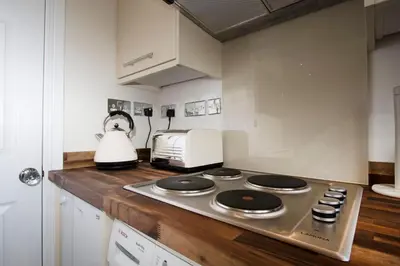 a kitchen with a stove top and a toaster oven at The Grapevine Studio in Cambridge