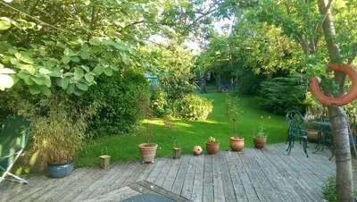a garden with potted plants on a wooden deck at Orchard Pond Bed & Breakfast in Duxford
