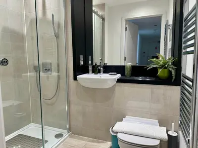 a bathroom with a shower and a sink and a toilet at Signet Apartments - Vesta in Cambridge