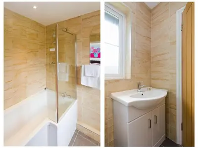 two pictures of a bathroom with a sink and a shower at 2 Suffolk Cottage, Knodishall - Aldeburgh Coastal Cottages in Aldringham