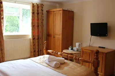 a bedroom with a bed with a television and a cabinet at Remarc Guest House in Takeley