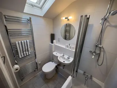 a bathroom with a shower and a toilet and a sink at All Seasons Cottage Breaks in Saxmundham