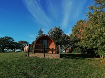 a small cabin in a field with a fence at Cosy Camping Suffolk in Ipswich
