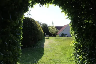 a path through a hedge with a bench in the distance at Dairy Cottage Luxury B&B in Attleborough