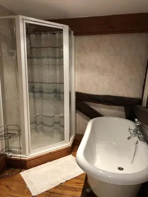 a bathroom with a white sink and a shower at The Walnuts Country House in West Row