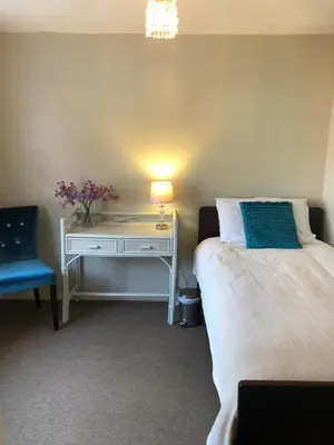 a bedroom with a bed and a desk with a lamp at The Walnuts Country House in West Row