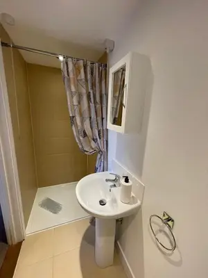 a small bathroom with a sink and a shower at Chestnut Cottage in East Bergholt