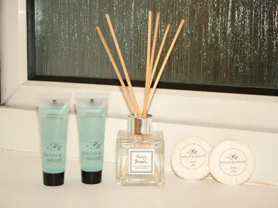 a couple of bottles ofodorizers and sticks on a counter at Stratford Apartment in Newmarket