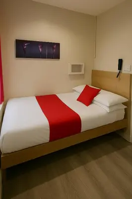 a bedroom with a large bed with a red pillow at The Railway Sleeper Lodge in Colchester