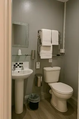 a bathroom with a white toilet and a sink at The Railway Sleeper Lodge in Colchester