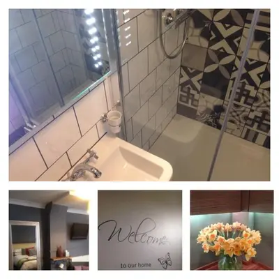 a collage of a bathroom with a sink and a mirror at Worth House in Cambridge