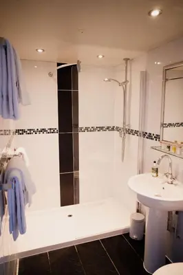 a bathroom with a shower and a sink at The Cricketers Arms in Quendon