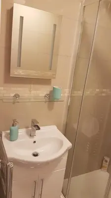 a bathroom with a sink and a shower at St Giles, Thetford, 2BR House in Thetford