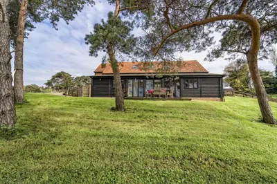 a house on a hill with trees in front of it at Lodge Farm in Freston