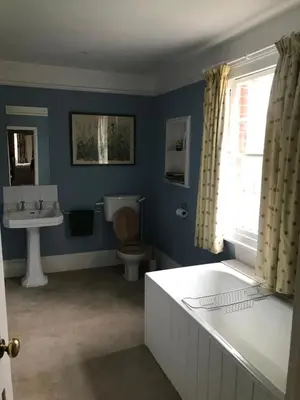 a blue bathroom with a toilet and a sink at Waldegrave farm in Hartest