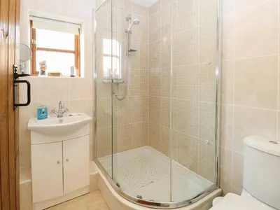 a bathroom with a shower and a sink and a toilet at The Haybarn in West Bradenham