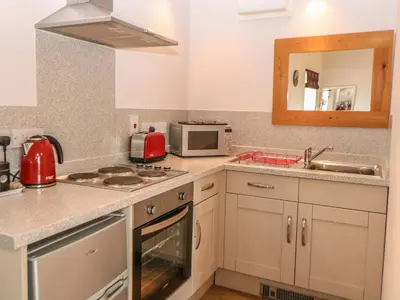 a kitchen with a stove and a sink and a microwave at Snowy Owl Barn in Shipdham