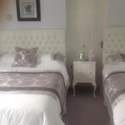 a bedroom with two twin beds and a nightstand at The Coach House in Shepreth