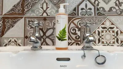 a bathroom sink with two faucets and a bottle of soap at The Mill, Long Melford in Long Melford