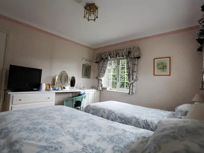 a bedroom with two beds and a tv and a window at Newmans Hall Bed & Breakfast in Little Waldingfield