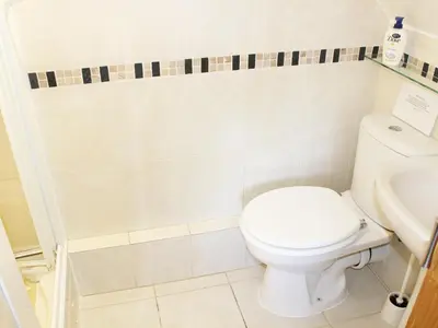 a bathroom with a toilet and a sink at The Hayloft in West Bradenham