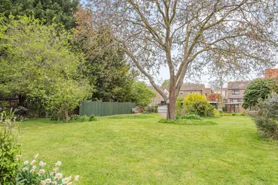 a yard with a tree and a fence at Violet Cottage in Feltwell