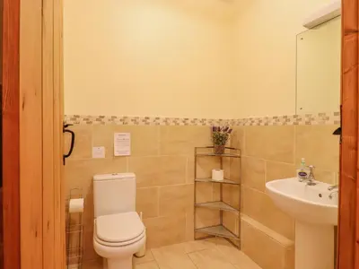 a bathroom with a toilet and a sink at Hayloft Cottage in Little Glenham