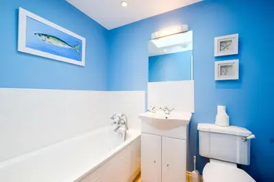a blue bathroom with a toilet and a sink at Shell Cottage in Aldeburgh