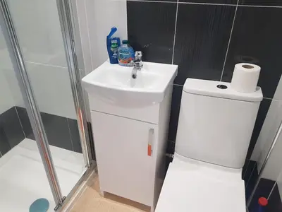 a bathroom with a toilet and a sink and a shower at Observation Court in Ipswich