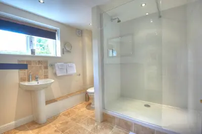 a bathroom with a shower and a sink and a toilet at Sunset House Bed and Breakfast in East Harling