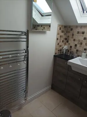a bathroom with a shower and a sink and a mirror at Olde Farm Holiday Cottages in Banham