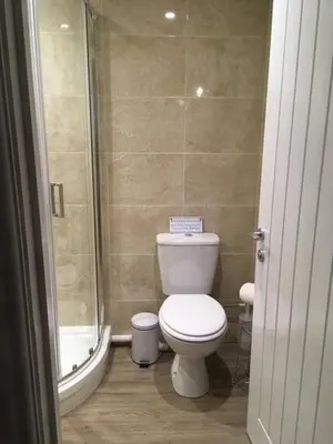 a small bathroom with a toilet and a shower at The Annexe at Asbit Lodge in Mildenhall
