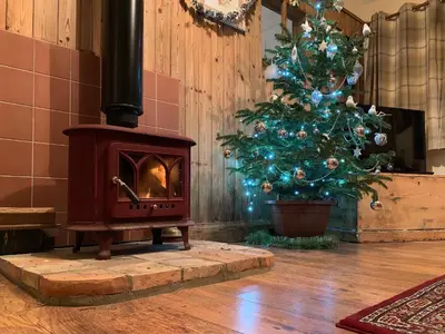 a christmas tree and a wood stove in a room at Chick Hatch Barn in Kelsale