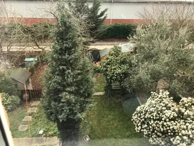 a christmas tree in a garden with flowers at Stay 69G - Hush View House, Romford, London Havering in Romford