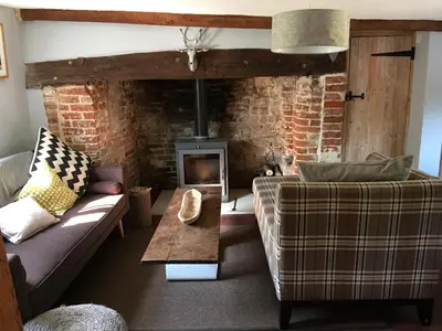 a living room with a couch and a fireplace at Watt Cottage in Ipswich