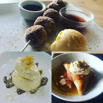 a group of four pictures of food on a table at The Cherry Tree in Woodbridge