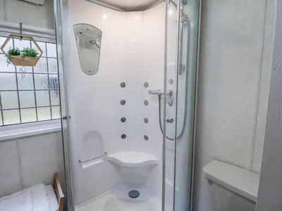 a bathroom with a shower and a toilet at The Lodge in Attleborough