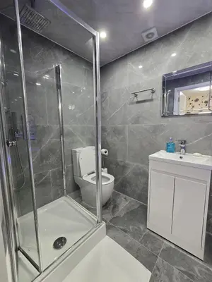 a bathroom with a shower and a toilet and a sink at Zaheer's Hotel in Baldock